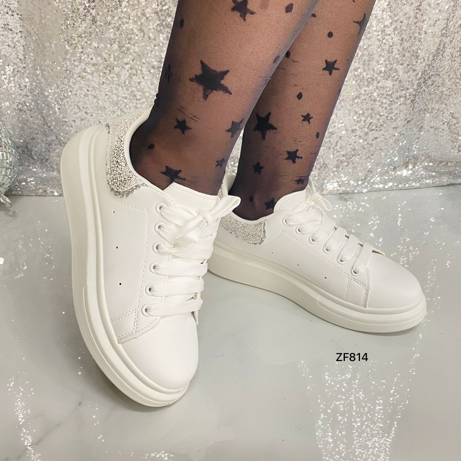 Tenis blanco apliques plateados suela 3cm RA41 C-69